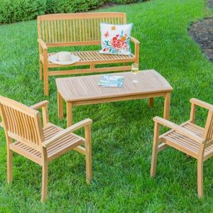 Ensemble de 2 chaises, 1 table basse et 1 banc en teck